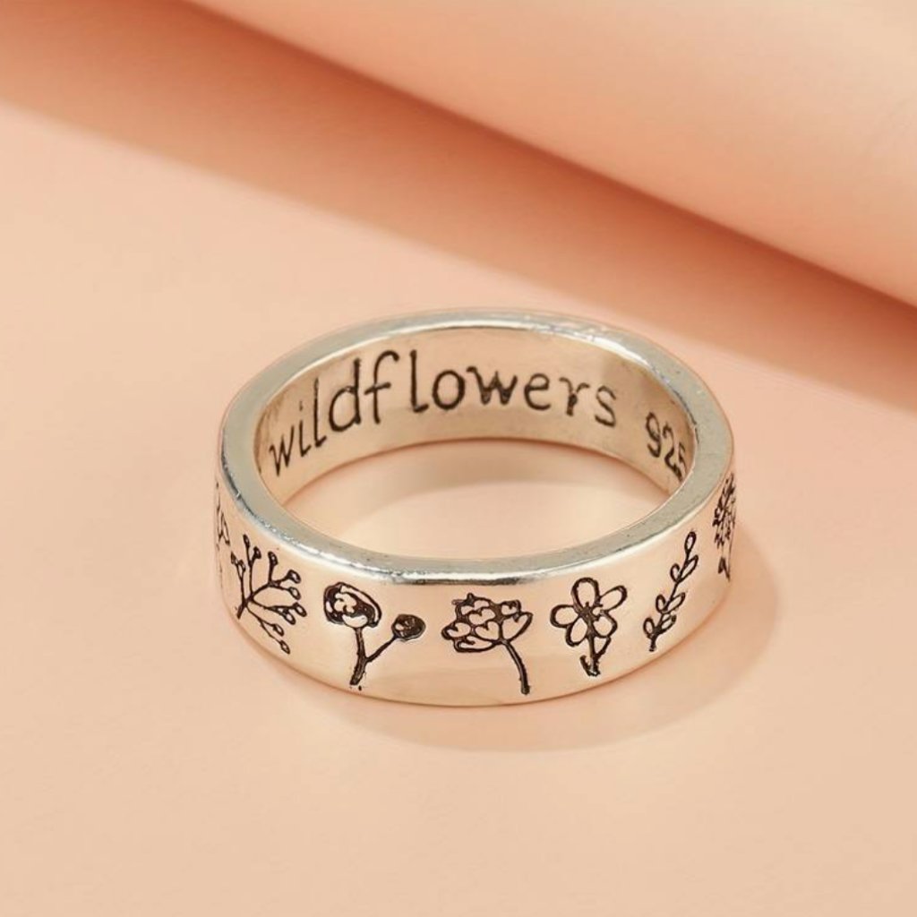Boho Silver Carved Floral Inscribed 
